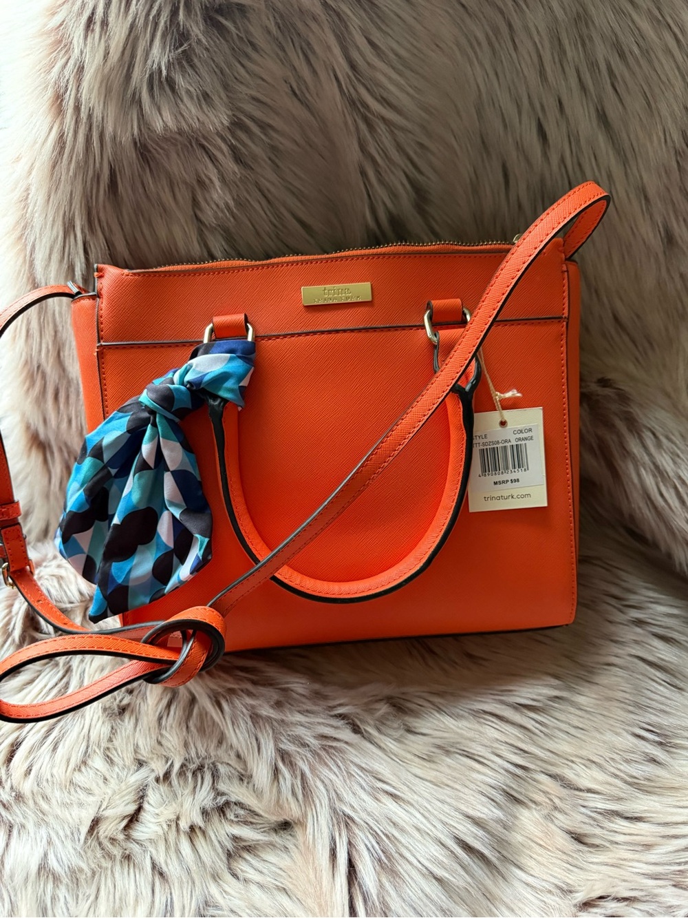 Trina Turk Orange Handbag with Blue Scarf and Interior and Gold Accents - Picture 2 of 11